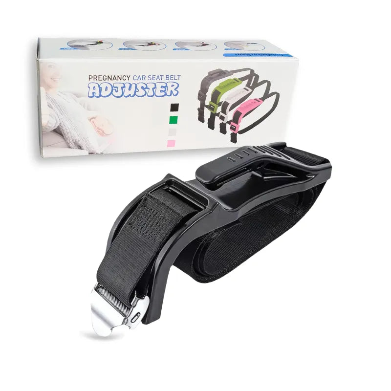 Pregnancy car seat belt adjuster in black with packaging showing multiple color options.
