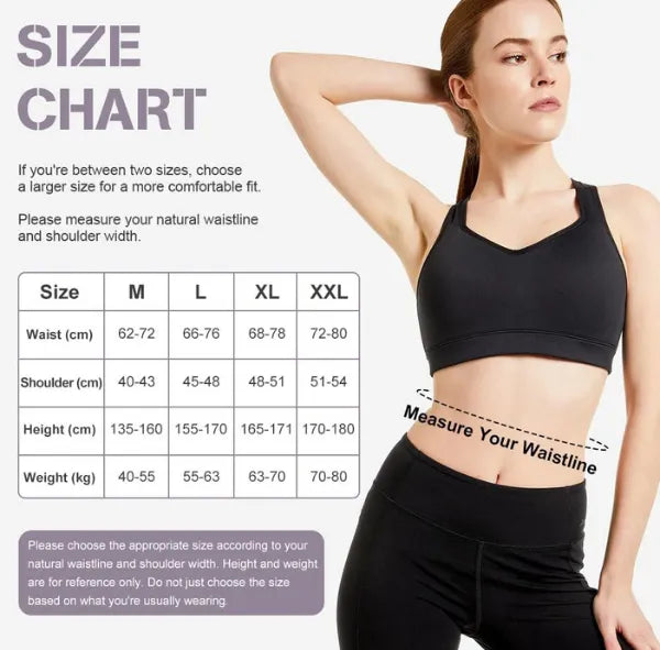 Women's posture corrector brace size chart. Waist, shoulder, height, weight measurements for M, L, XL, XXL.