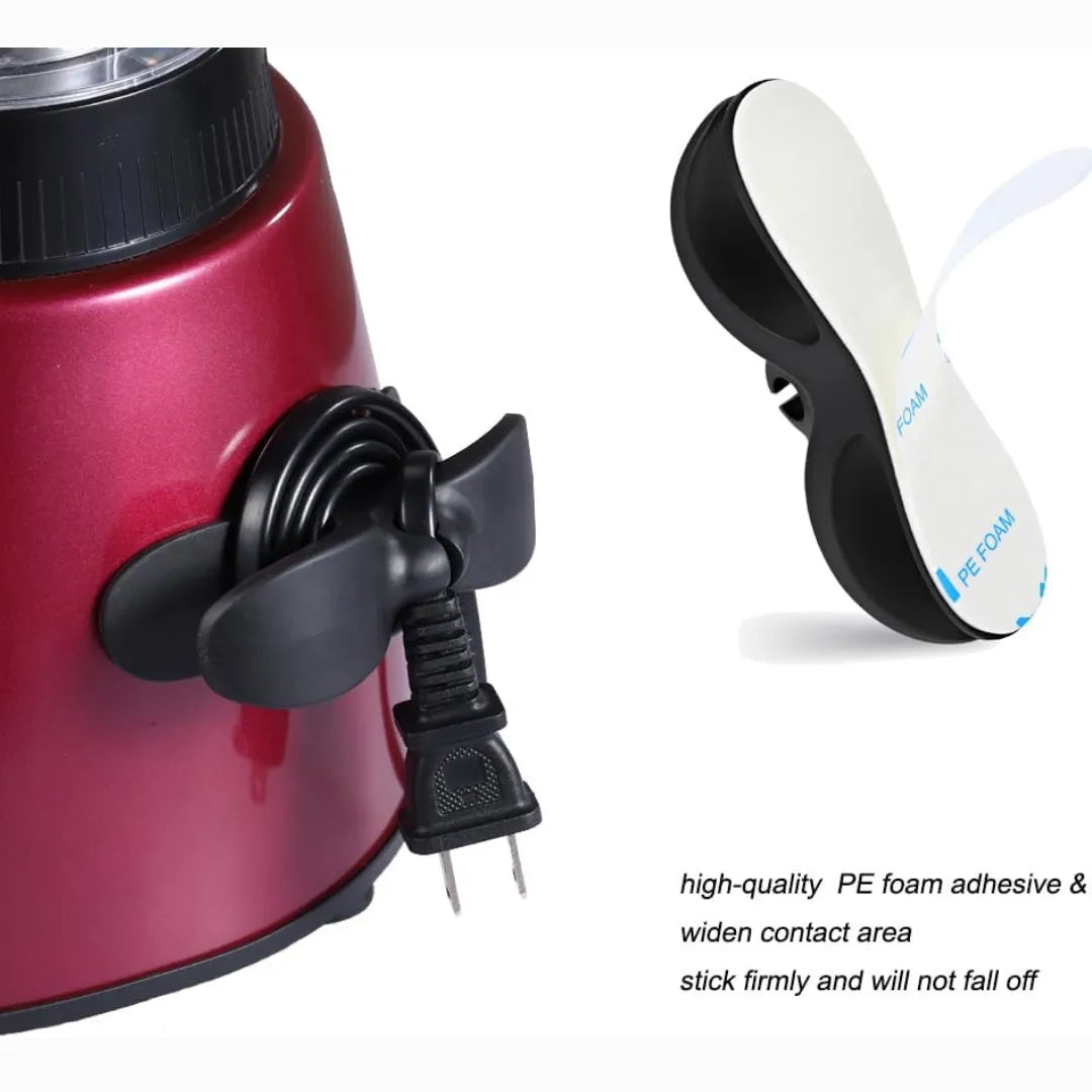 ed mixer with a black cord organizer attached, holding the power cord. A separate black cord organizer with exposed adhesive backing is also shown.