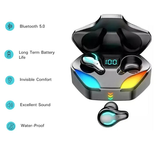  Noise-cancelling sport earbuds with LED display, showcased on a white background highlighting key features like waterproof design and premium sound quality.