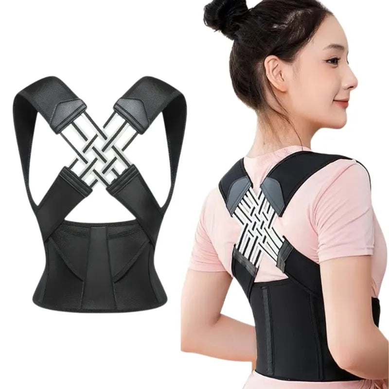  A woman wearing a black posture corrector belt for back pain relief and improved posture.