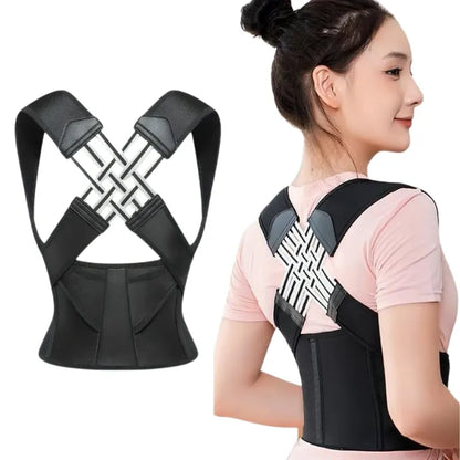  A woman wearing a black posture corrector belt for back pain relief and improved posture.