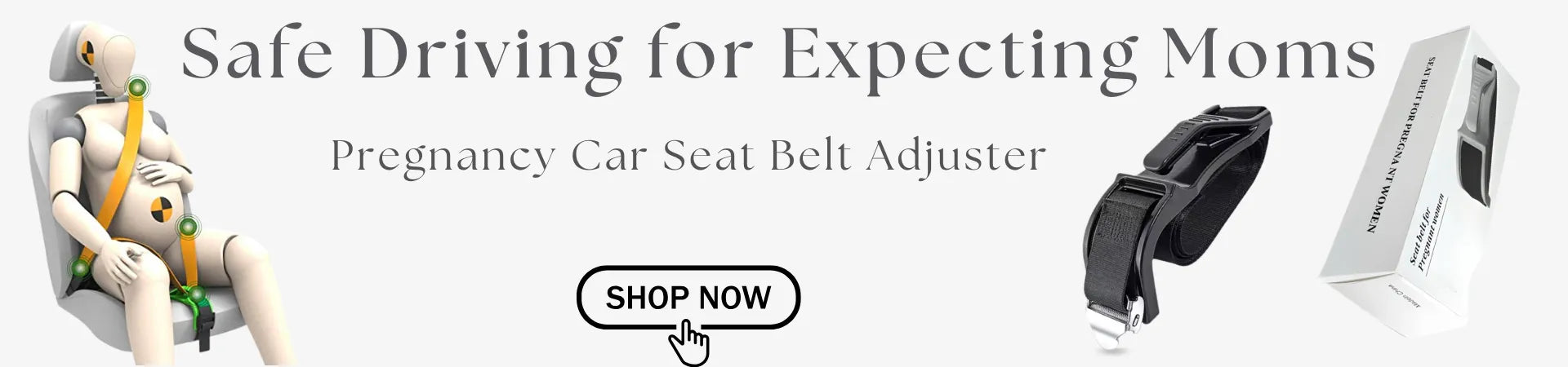 A pregnant dummy wearing a pregnancy car seat belt adjuster and a device packaged in a white box labeled 'Seat Belt Adjuster.