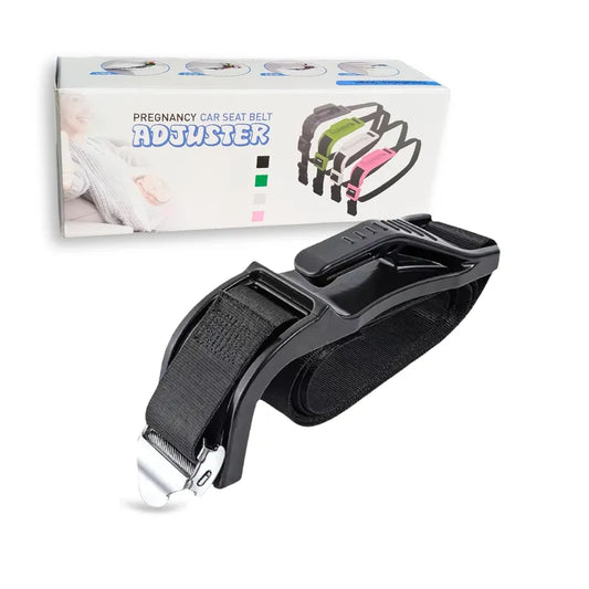 Pregnancy car seat belt adjuster in black with packaging showing multiple color options.