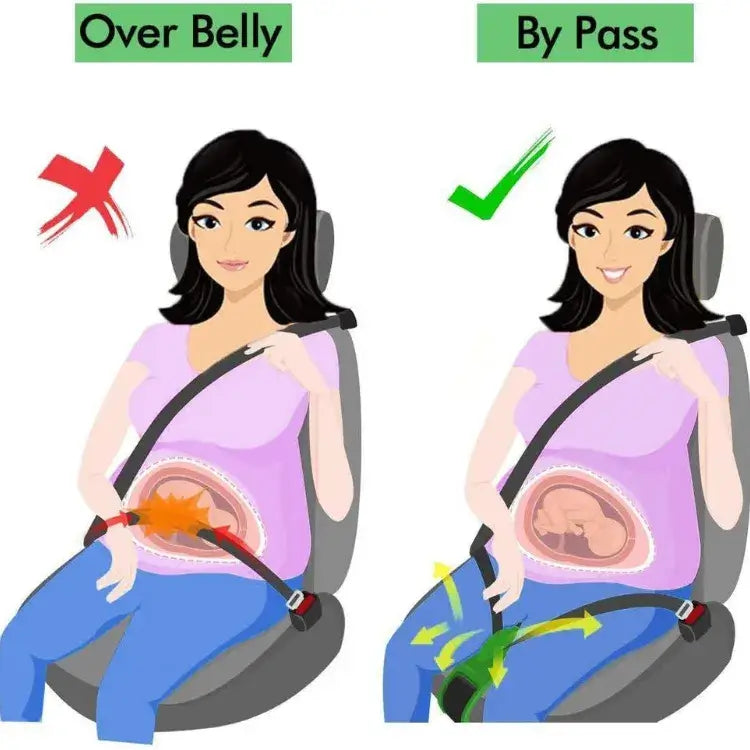  Two images of one woman showing the advantages of using a pregnancy car seat belt adjuster against a white background.