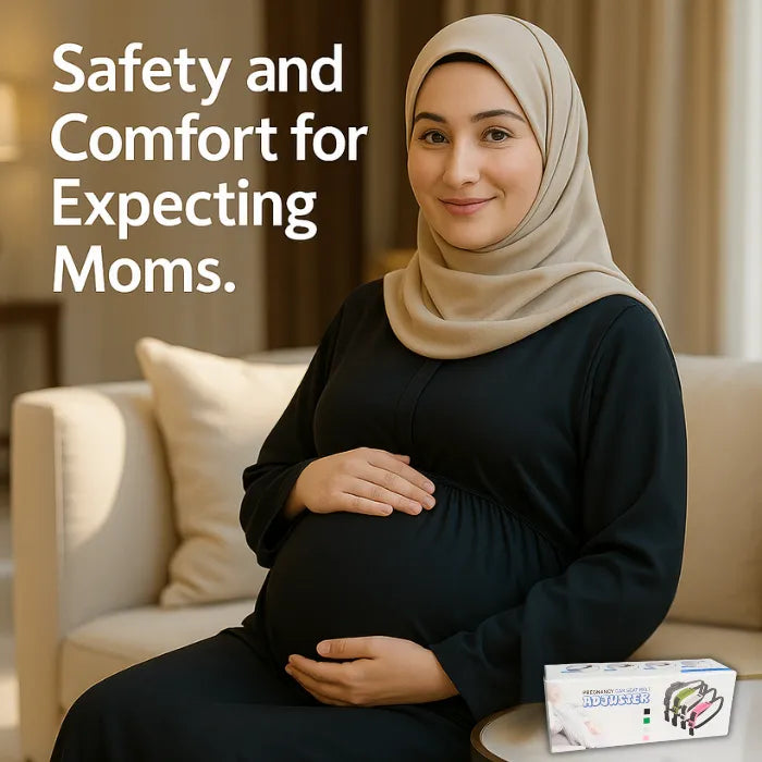 Smiling pregnant Muslim woman wearing a hijab and a green dress, sitting comfortably on a sofa and holding her baby bump.