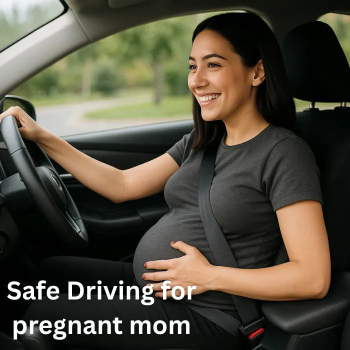 Smiling pregnant woman driving a car, emphasizing safety and comfort for expecting mothers with the seatbelt repositioner. 
