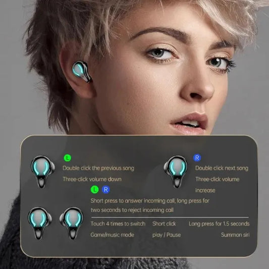  A girl using noise-cancelling sport earbuds, set against a grey background with usage instructions displayed below the image.