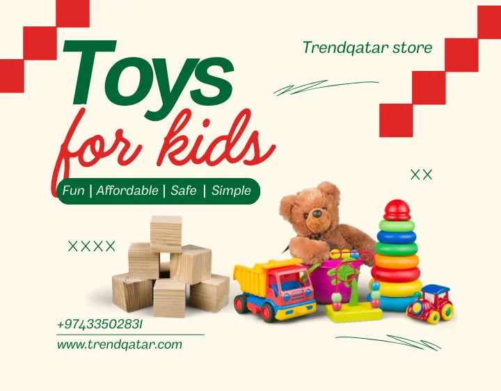  Image of a teddy bear and other toys on a white background, with the text 'Toys for Kids' displayed and red decorative accents in the upper right and left corners.